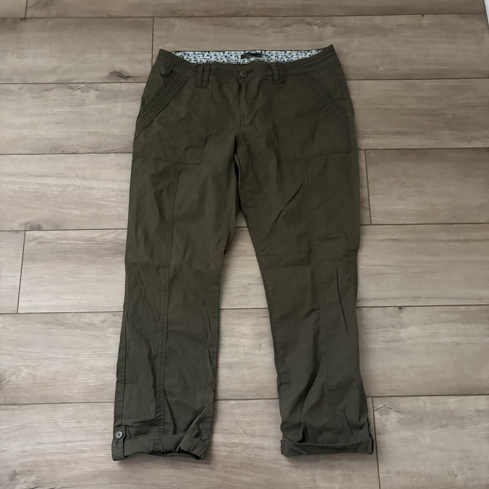 PrAna Casual‎ Chino Pants Women's 12 Roll Ankle Pockets Button Green